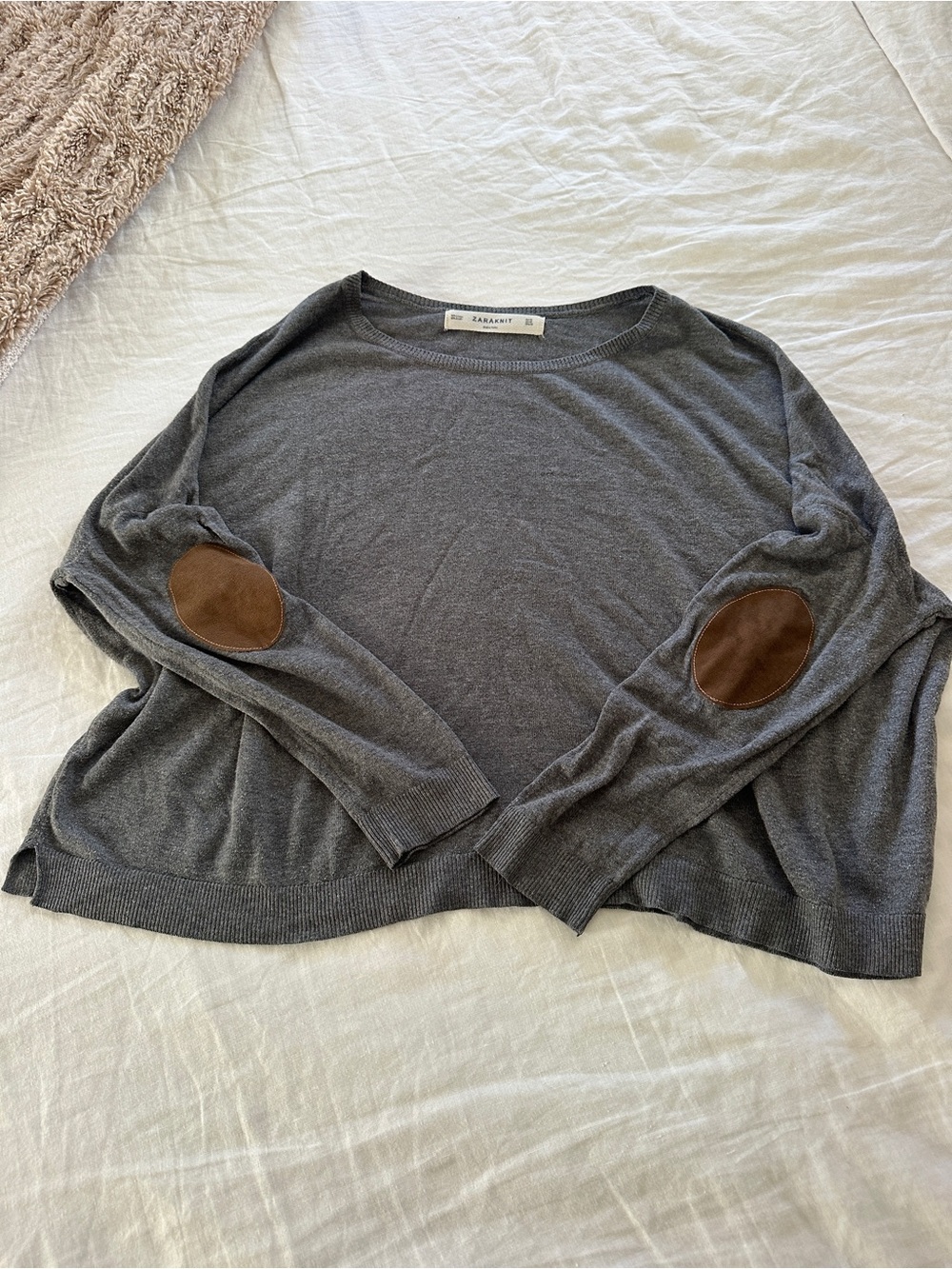 Zaraknit Gray Sweater with Brown Elbow Patches